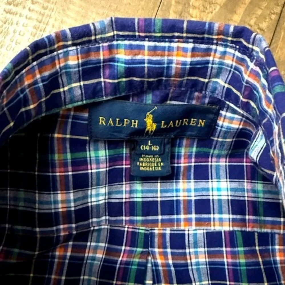 Ralph Lauren Button-Down Blue Green Plaid Long Sleeve Shirt  Boy's L 14-16